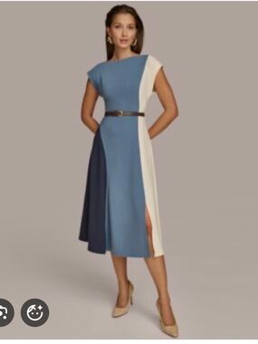 Donna Karan Blue, Navy & Cream Paneled Midi Dress